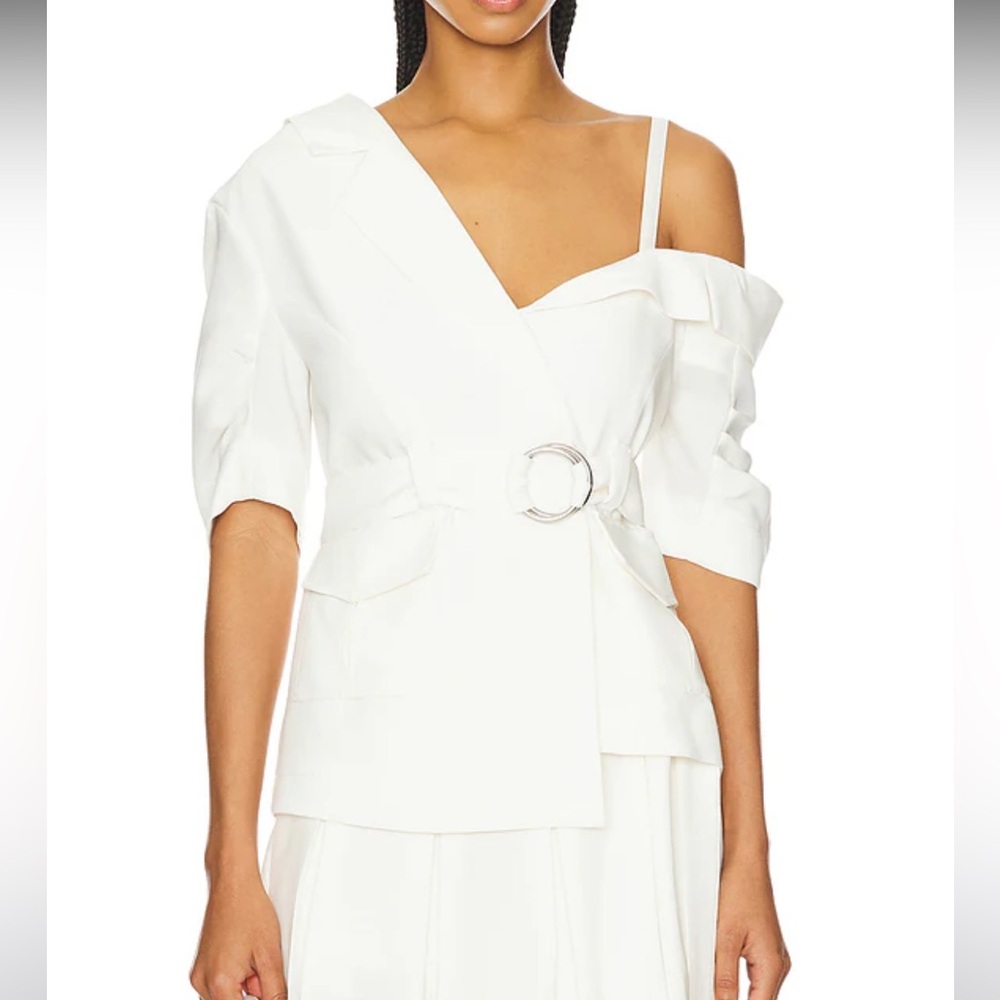 cinq a sept White Asymmetric One-Shoulder Blouse with Belt